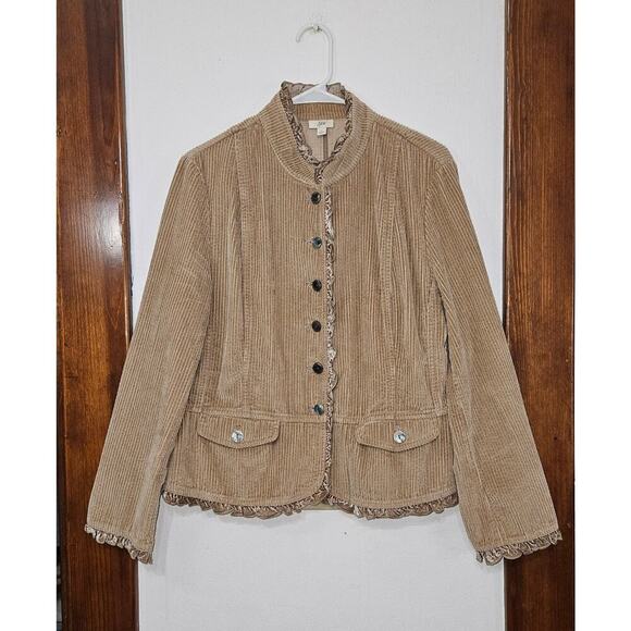 J. Jill Tan Corduroy Button Up Jacket Size Large Ruffles Ribbed Pockets - Picture 9 of 11